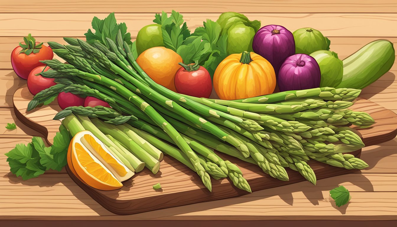 A vibrant bunch of asparagus arranged on a wooden cutting board, surrounded by colorful fruits and vegetables