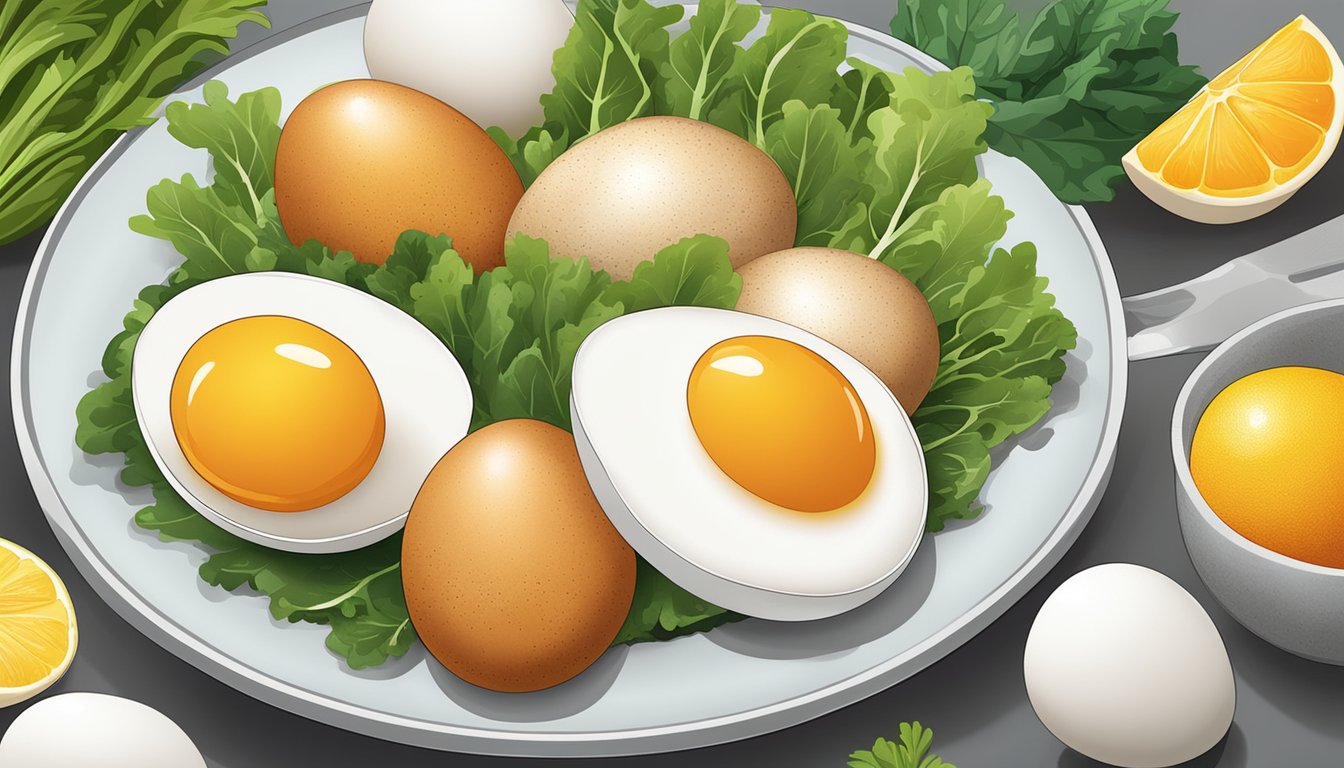 A colorful array of eggs, including chicken, quail, and duck eggs, arranged on a plate with leafy green vegetables and citrus fruits