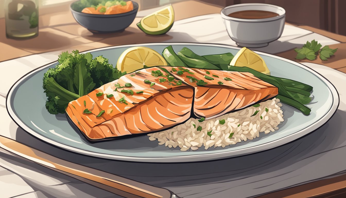 A plate of grilled salmon with herbs, accompanied by steamed vegetables and a side of rice, sits on a cozy dining table in a softly lit room