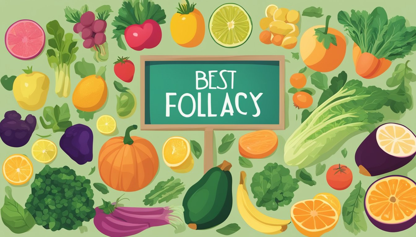 A colorful array of fruits and vegetables, including leafy greens, citrus fruits, and legumes, arranged on a table with a sign reading "Best Foods for Boosting Folate Intake During Pregnancy."