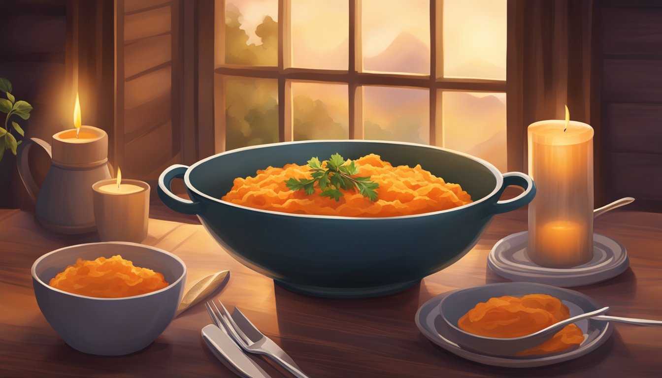 A cozy dinner table with a steaming bowl of sweet potato mash, surrounded by soft candlelight and a warm, inviting atmosphere