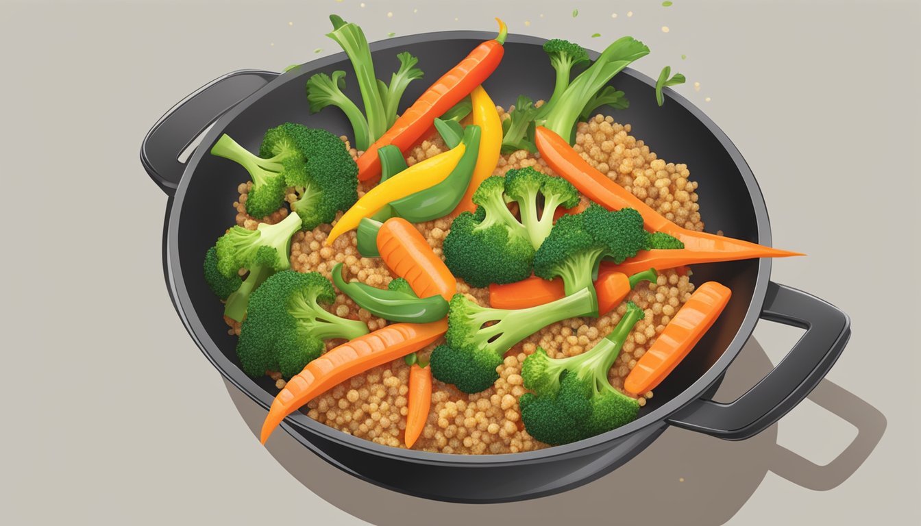 A colorful stir-fry sizzling in a wok, filled with quinoa, broccoli, bell peppers, and carrots, emitting a savory aroma