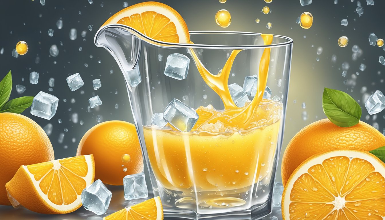 A pitcher of freshly squeezed orange juice surrounded by ice cubes, with droplets of condensation forming on the glass