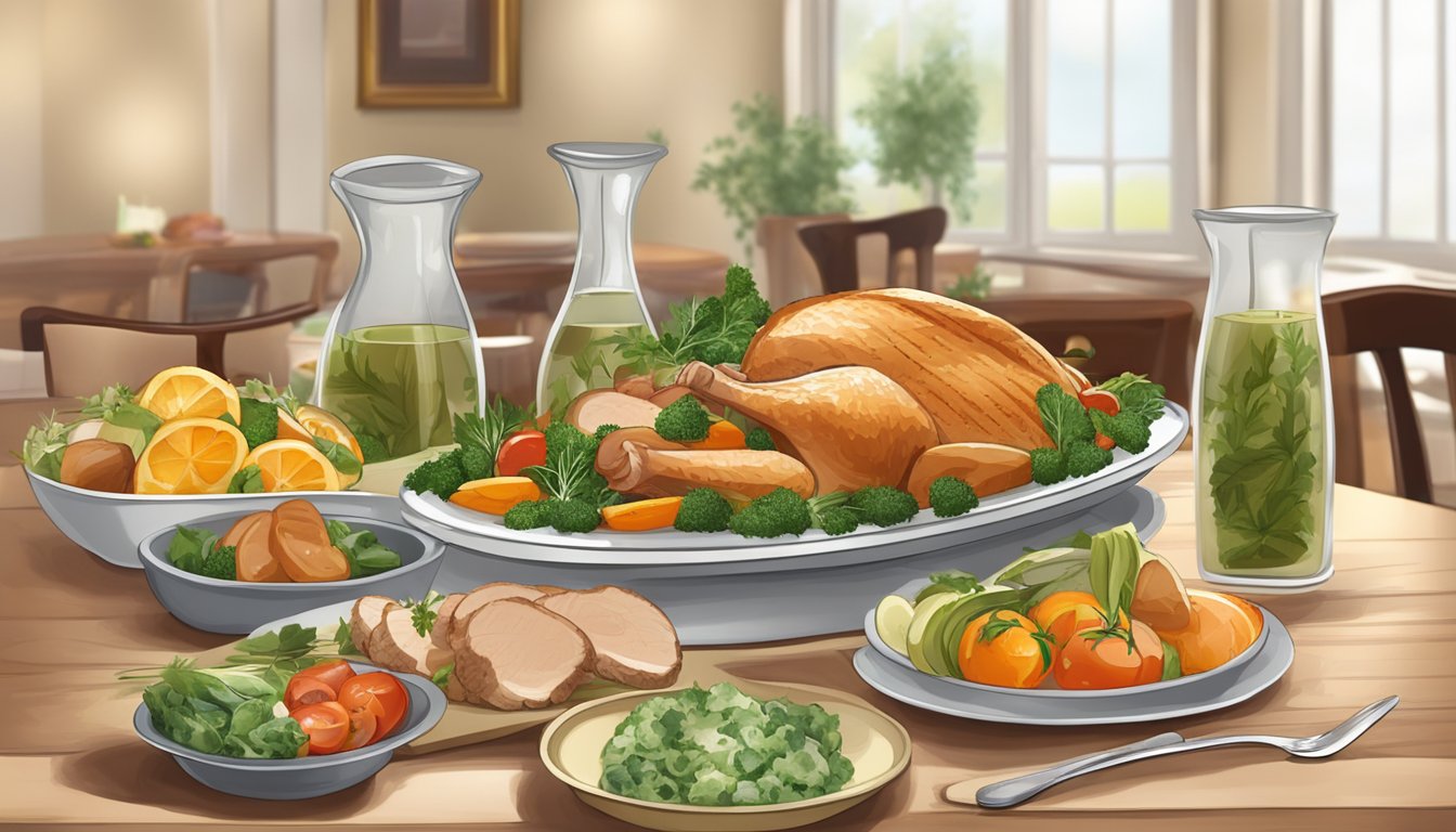 A platter of sliced roasted turkey breast with herbs and vegetables, accompanied by a warm and comforting dinner setting