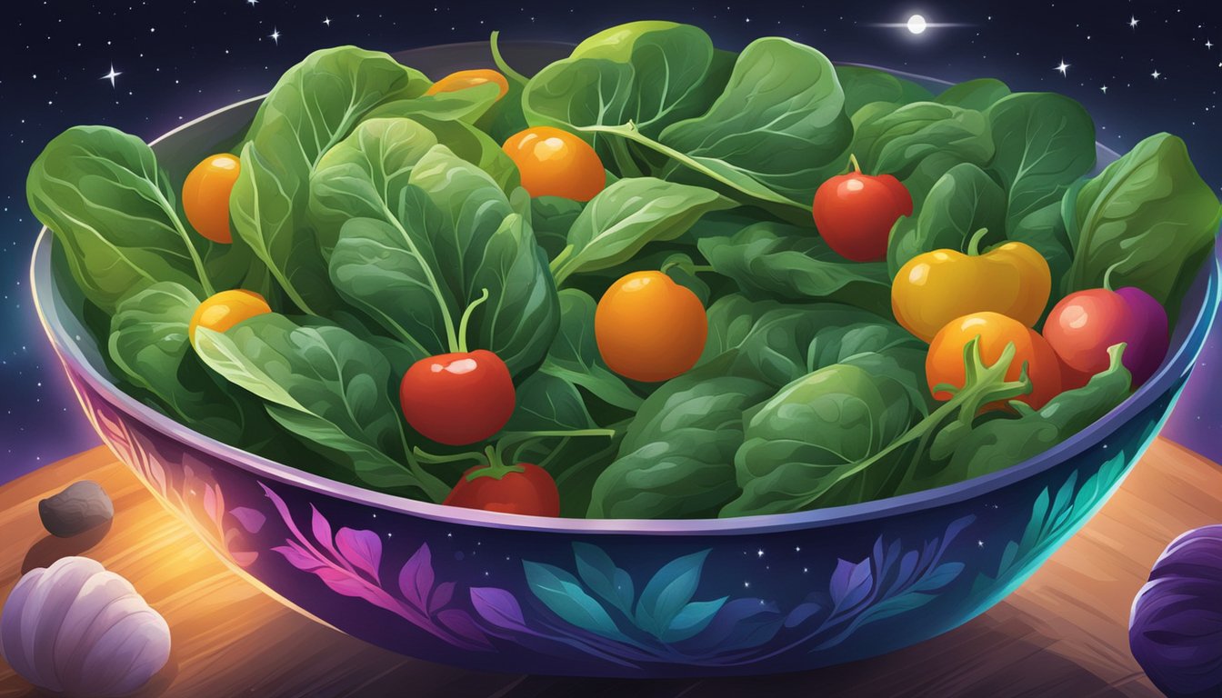 A bowl of fresh spinach surrounded by vibrant, colorful vegetables under the glow of a moonlit night