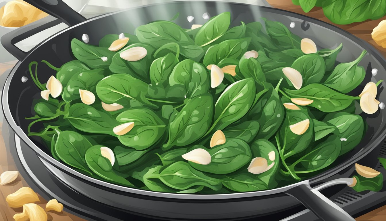 Fresh spinach leaves sizzling in a pan with minced garlic, emitting a savory aroma