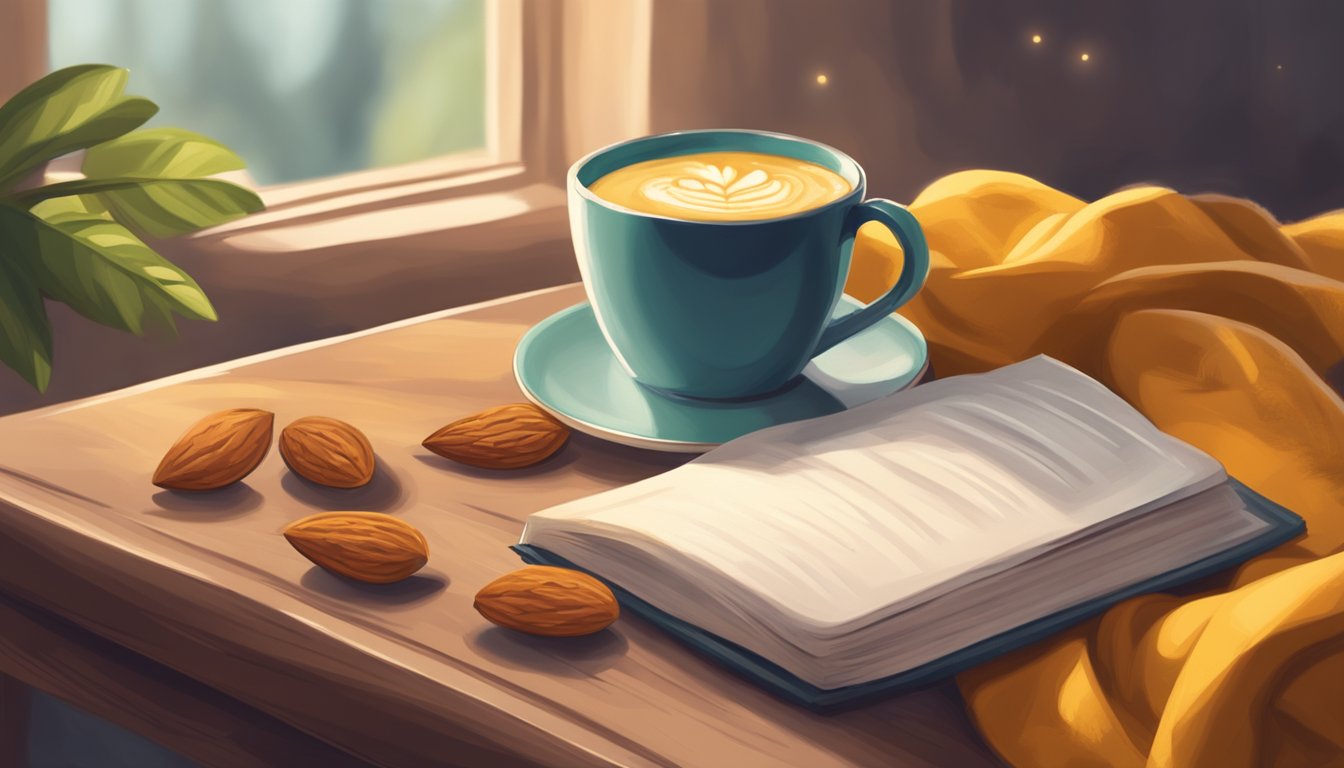 A cozy mug of almond milk turmeric latte on a table with a warm blanket and a book, creating a comforting and relaxing atmosphere for a peaceful evening