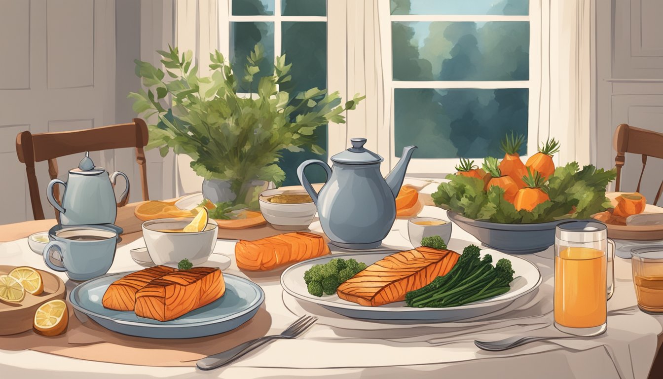 A cozy dinner table set with warm, soothing foods like roasted vegetables, grilled salmon, and herbal tea, surrounded by soft lighting and calming decor