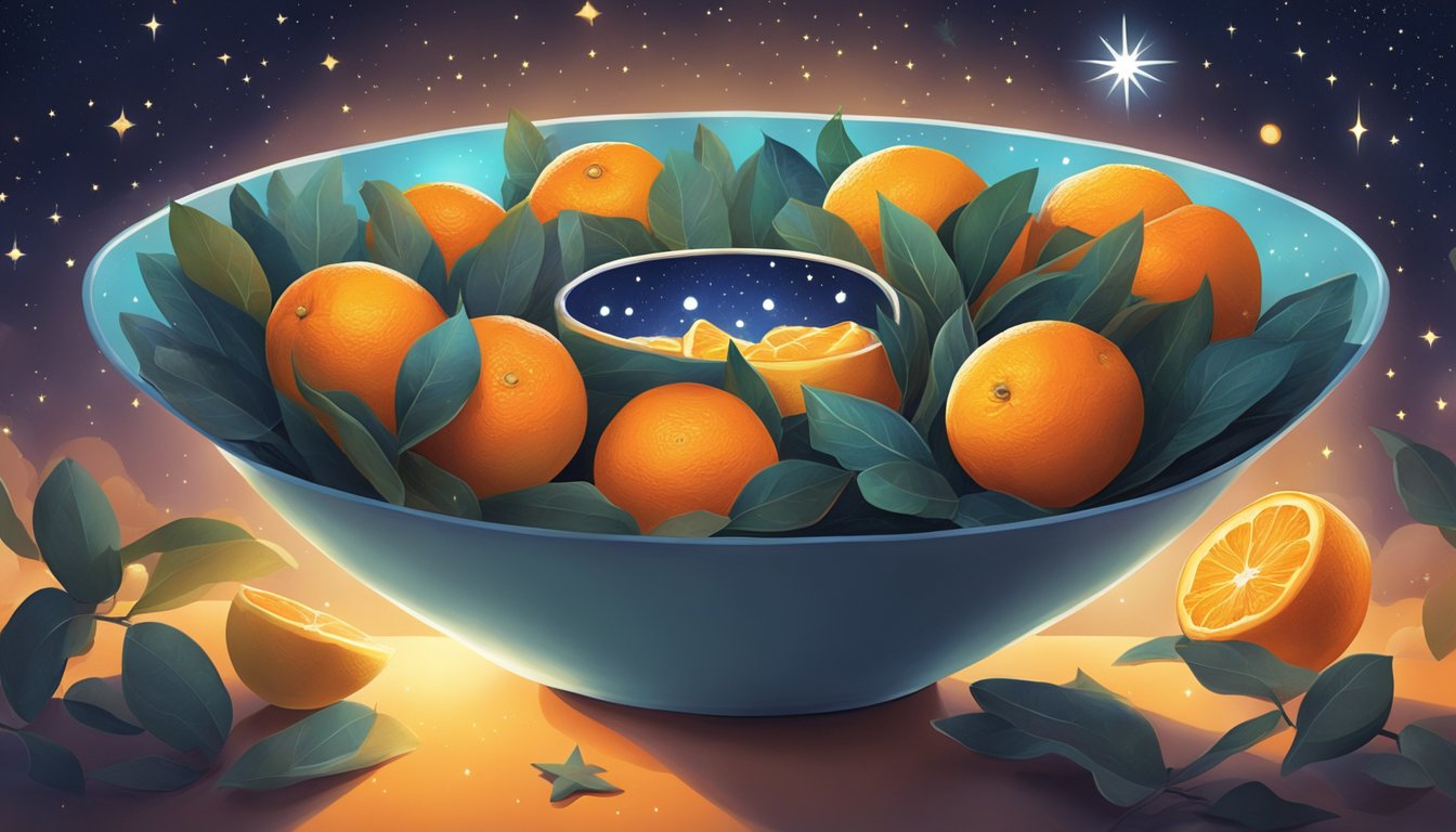 A bowl of oranges glowing in the moonlight, surrounded by stars and a pair of bright, watchful eyes