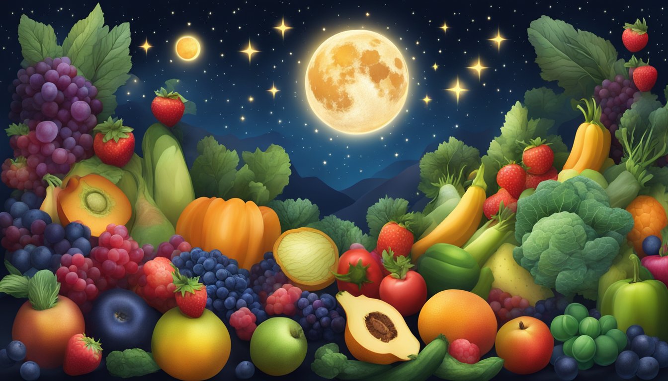 A dark, starry night sky with a glowing moon, surrounded by an array of colorful fruits and vegetables rich in vitamin A and antioxidants