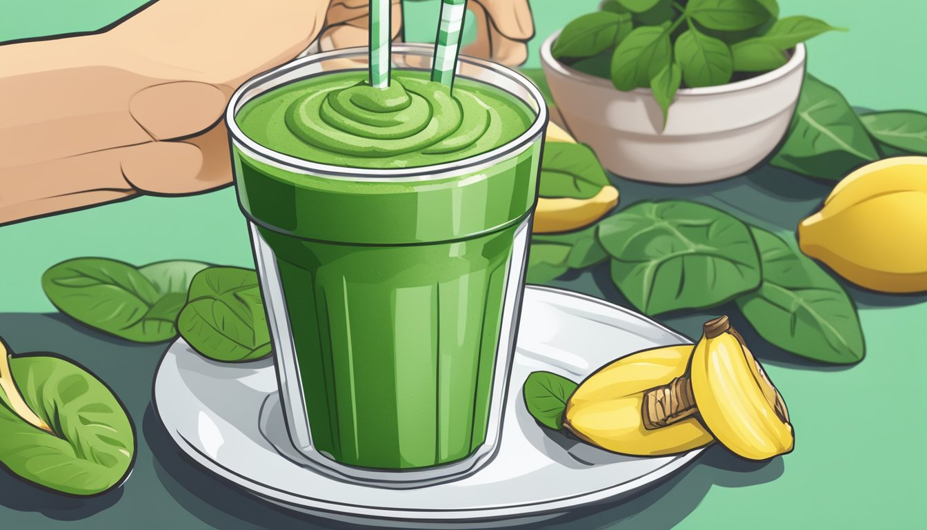 A vibrant green smoothie being poured into a to-go cup, with fresh spinach leaves and ripe bananas nearby