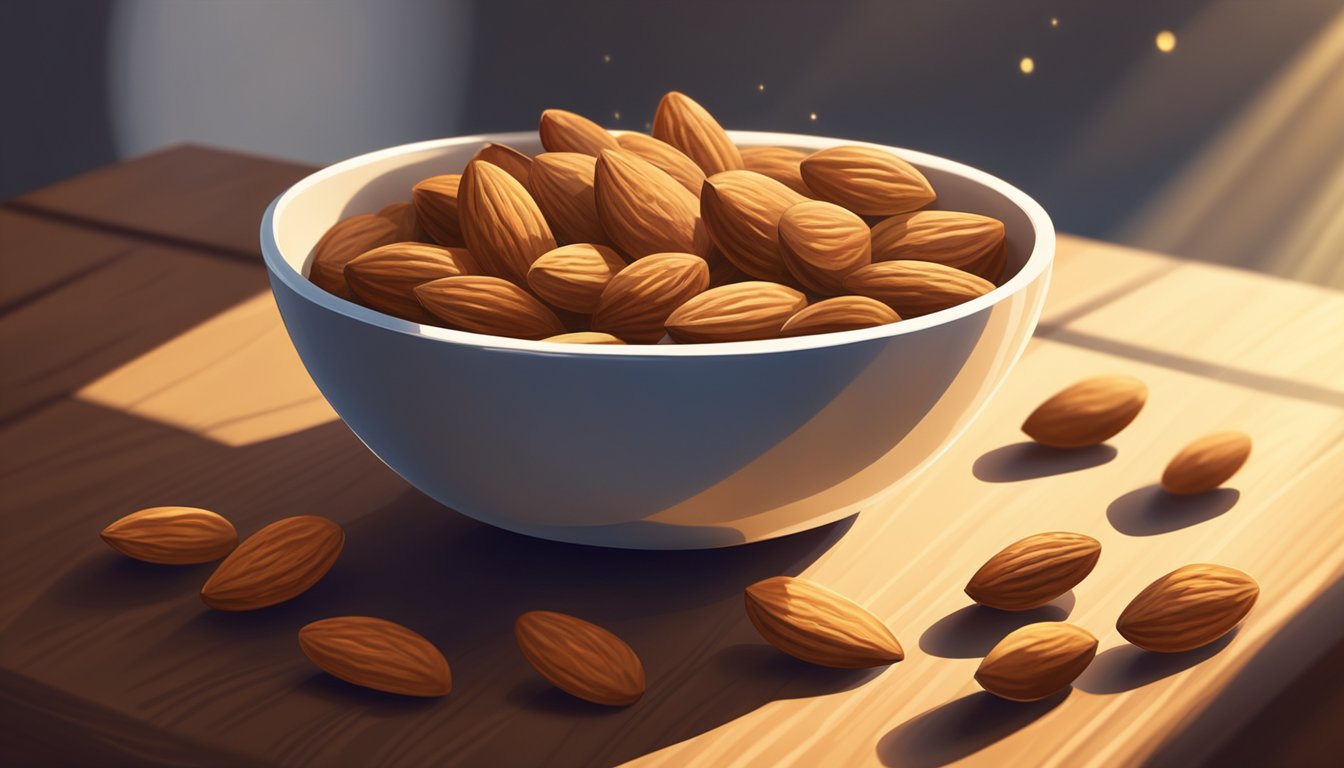 A bowl of almonds sits on a wooden table, surrounded by rays of sunlight streaming through a window, casting a warm glow on the nuts