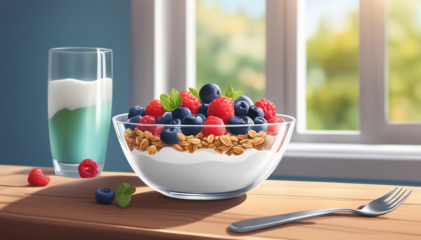 A bowl of Greek yogurt topped with fresh berries and granola sits on a wooden table next to a glass of water and a sunlit window