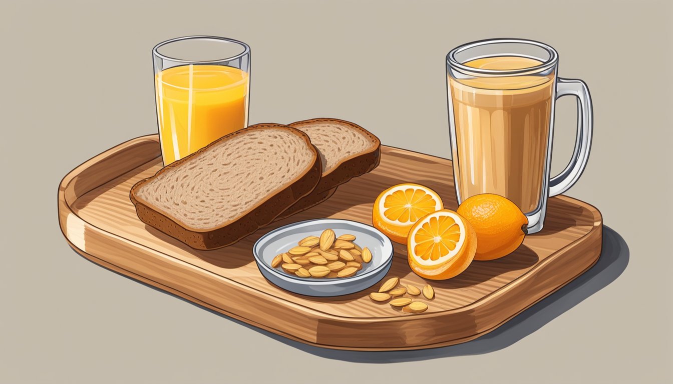 A slice of whole grain bread topped with almond butter, accompanied by a banana and a glass of orange juice, sits on a wooden breakfast tray