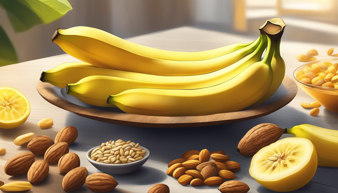 A bright yellow banana surrounded by scattered energy-boosting foods like nuts and seeds. Sunlight streams in, casting a warm glow over the scene