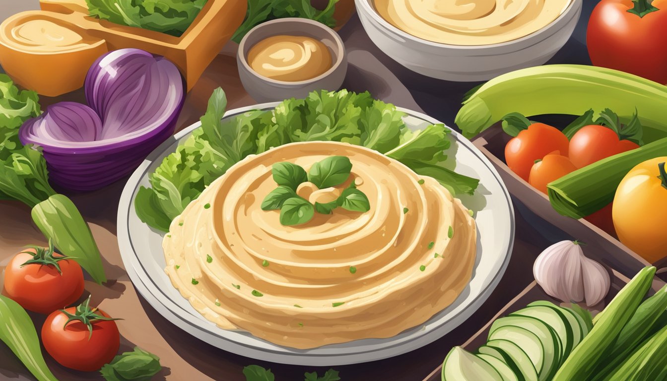 A plate of hummus surrounded by colorful, fresh vegetables, with a bright, natural light shining down on the scene