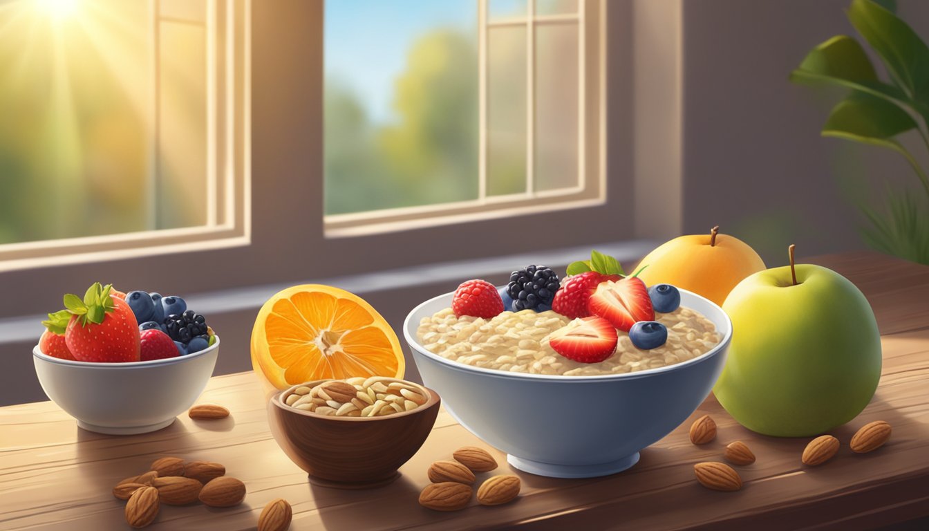 A steaming bowl of oatmeal surrounded by fresh fruit and nuts on a wooden table. Sunlight streams through a window, casting a warm glow on the wholesome meal