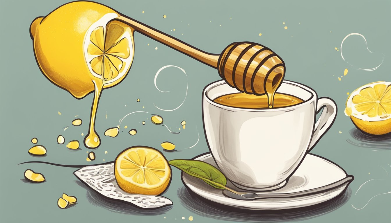 A spoonful of honey being drizzled onto a slice of lemon next to a steaming cup of tea