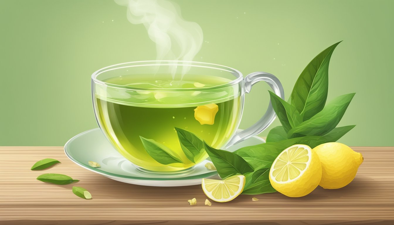 A steaming cup of green tea surrounded by fresh ginger, lemon, and honey on a wooden table