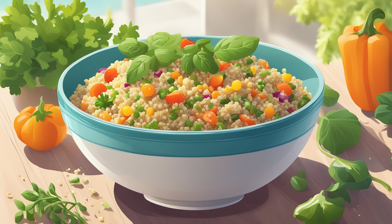 A colorful bowl of quinoa salad surrounded by fresh vegetables and herbs on a bright, sunlit table