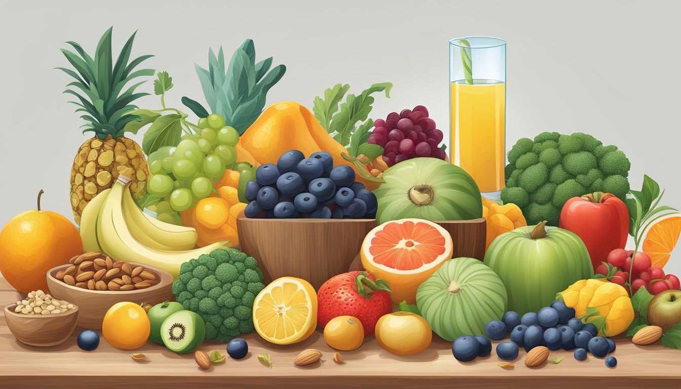 A vibrant array of fruits, vegetables, nuts, and seeds arranged on a wooden cutting board, with a glass of water nearby