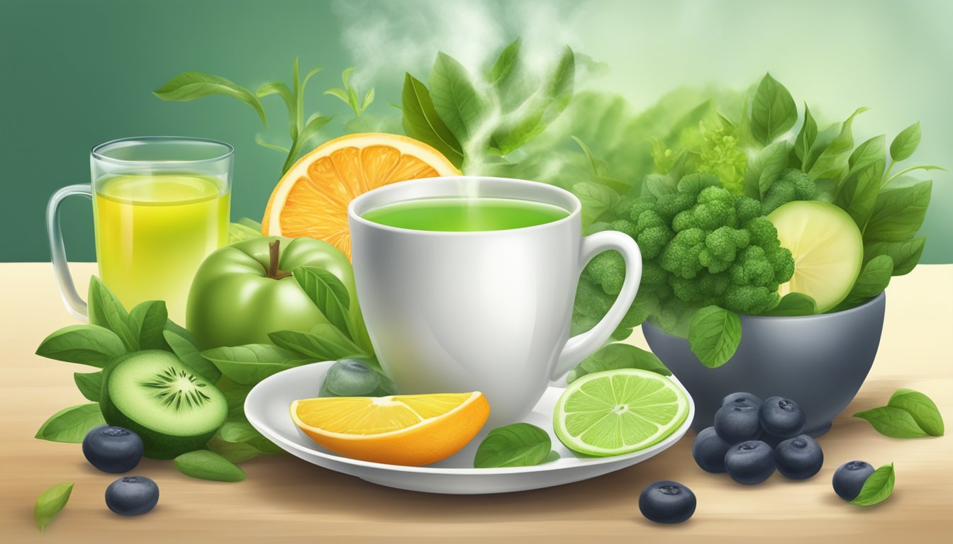 A steaming cup of green tea surrounded by fresh fruits and vegetables, symbolizing natural detoxification and cleansing