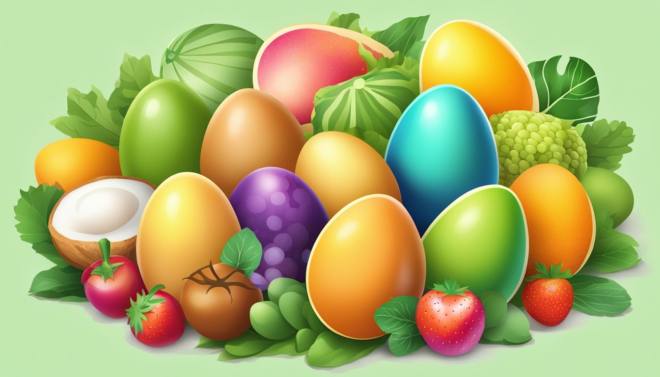 A colorful array of eggs arranged in a circle, surrounded by vibrant fruits and vegetables, with rays of light emanating from the center