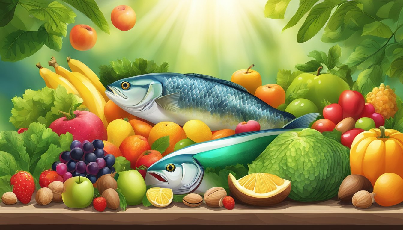 A colorful array of fruits, vegetables, nuts, and fish arranged on a table, surrounded by vibrant green leaves and a shining sun overhead