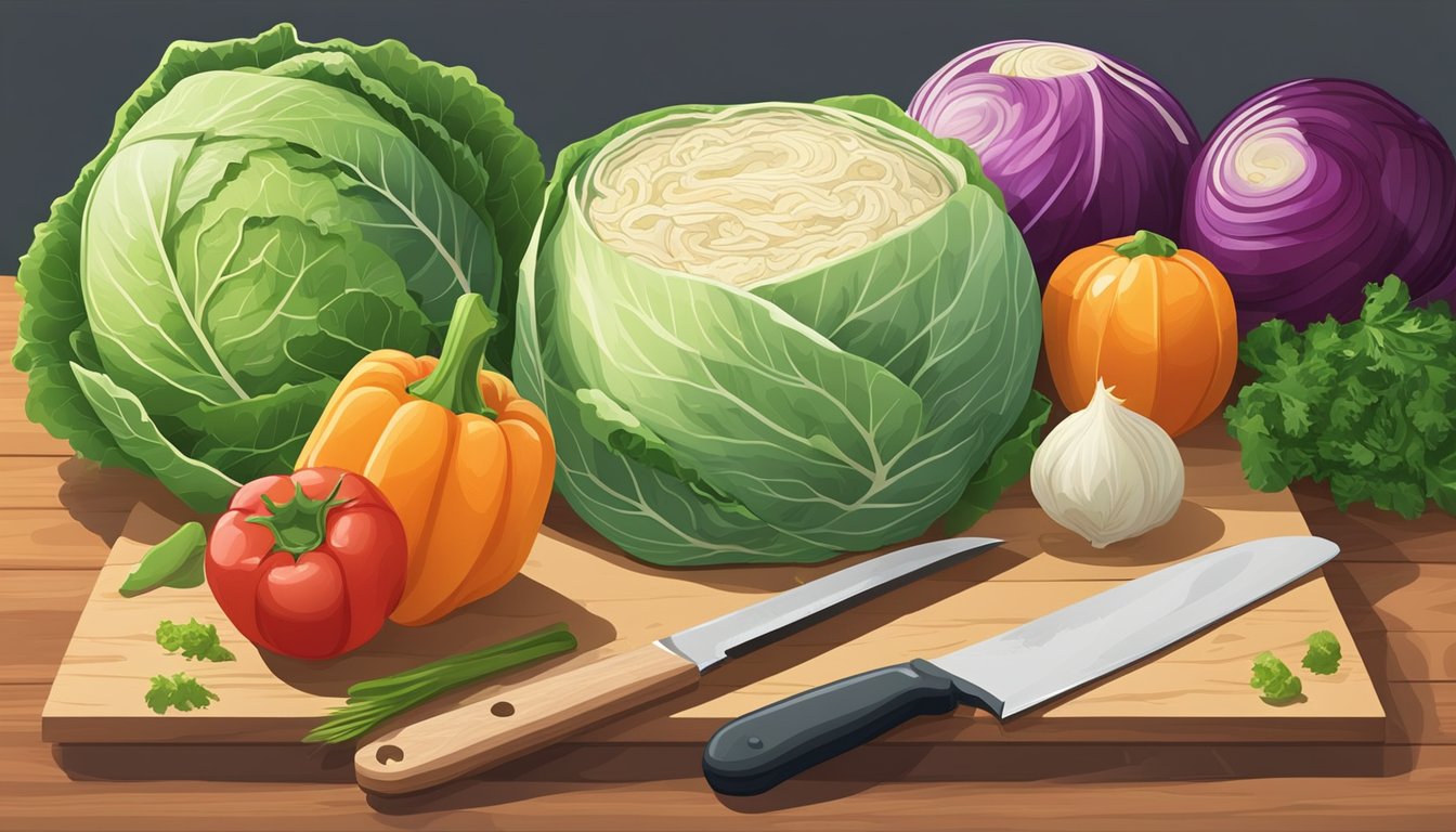 A colorful assortment of fresh vegetables and a jar of sauerkraut on a wooden cutting board, with a knife slicing through a cabbage