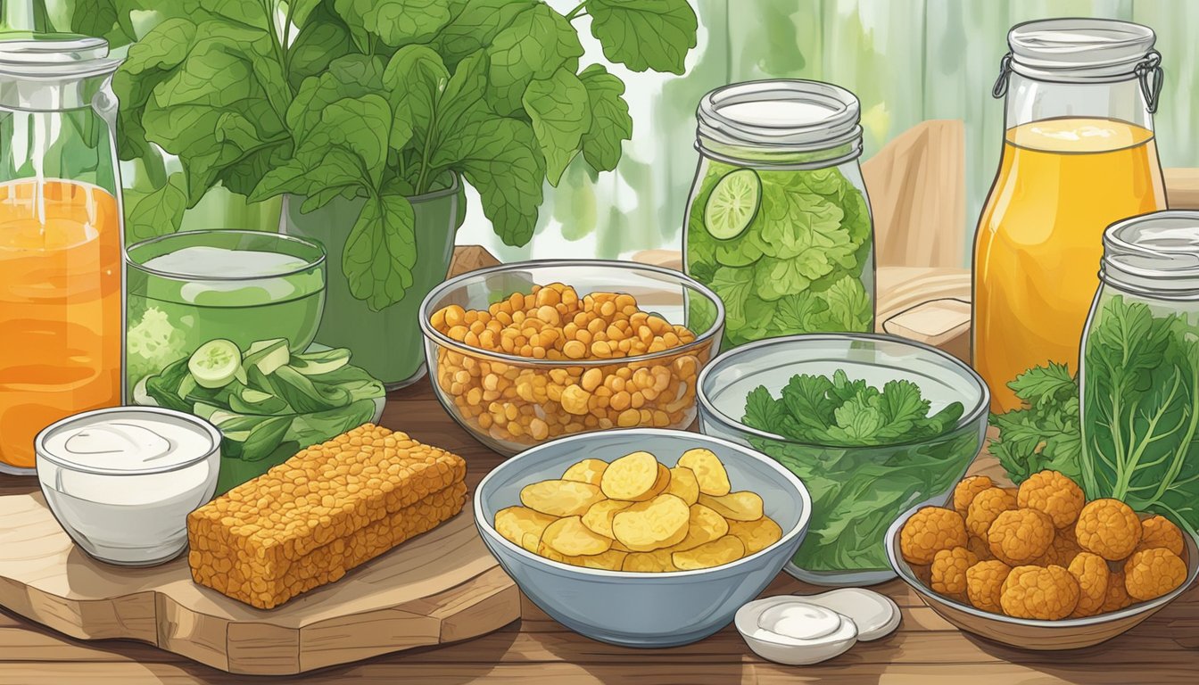 A colorful array of tempeh, yogurt, kombucha, and vegetables on a wooden table, surrounded by vibrant green plants and a glass of water