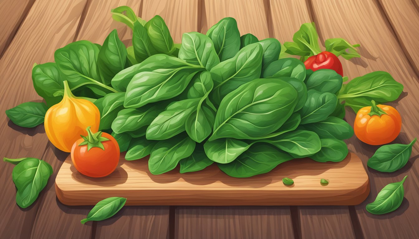 A vibrant bunch of fresh spinach leaves arranged on a wooden cutting board, surrounded by other colorful vegetables