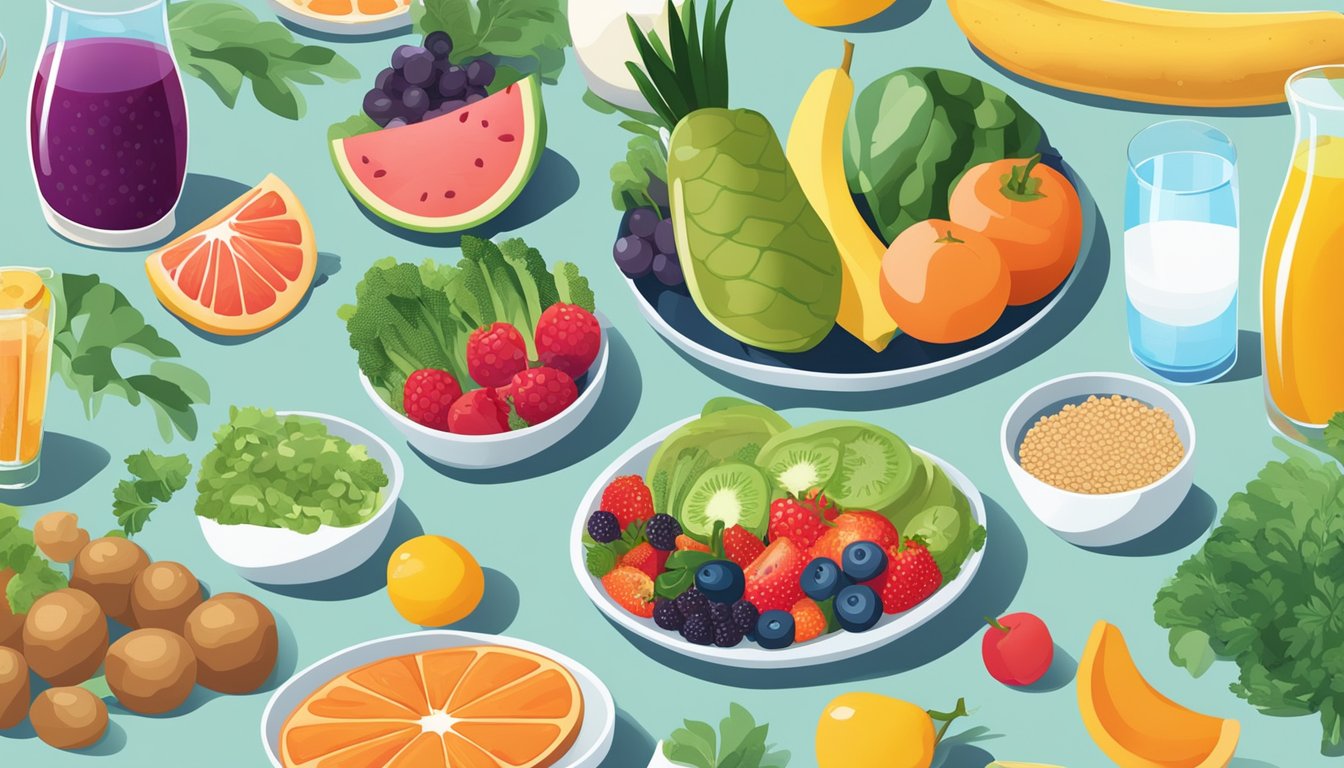 A colorful array of fruits, vegetables, whole grains, and probiotic-rich foods arranged on a table, surrounded by vibrant plants and a clear glass of water