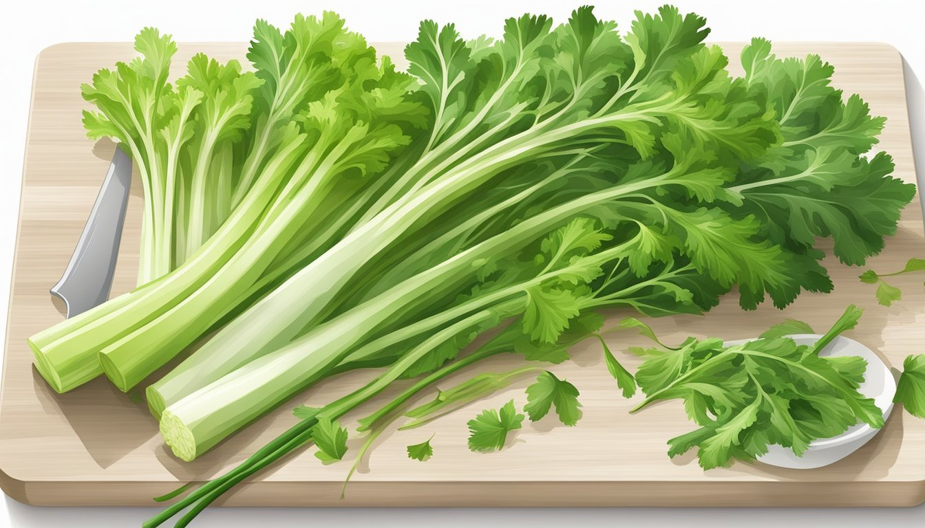 A colorful assortment of fresh celery stalks and leaves arranged on a clean, white cutting board