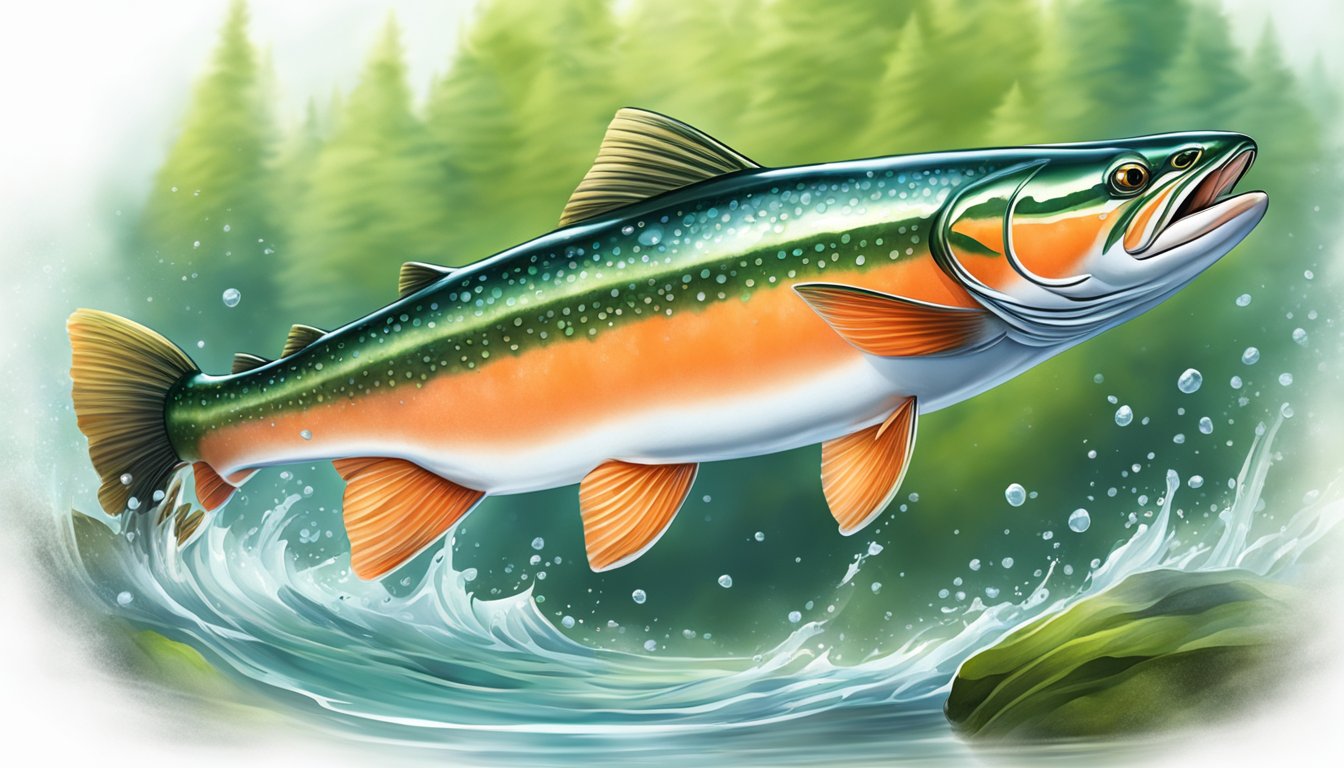 A vibrant salmon swimming gracefully through a clear, flowing stream, surrounded by lush greenery and glistening water droplets