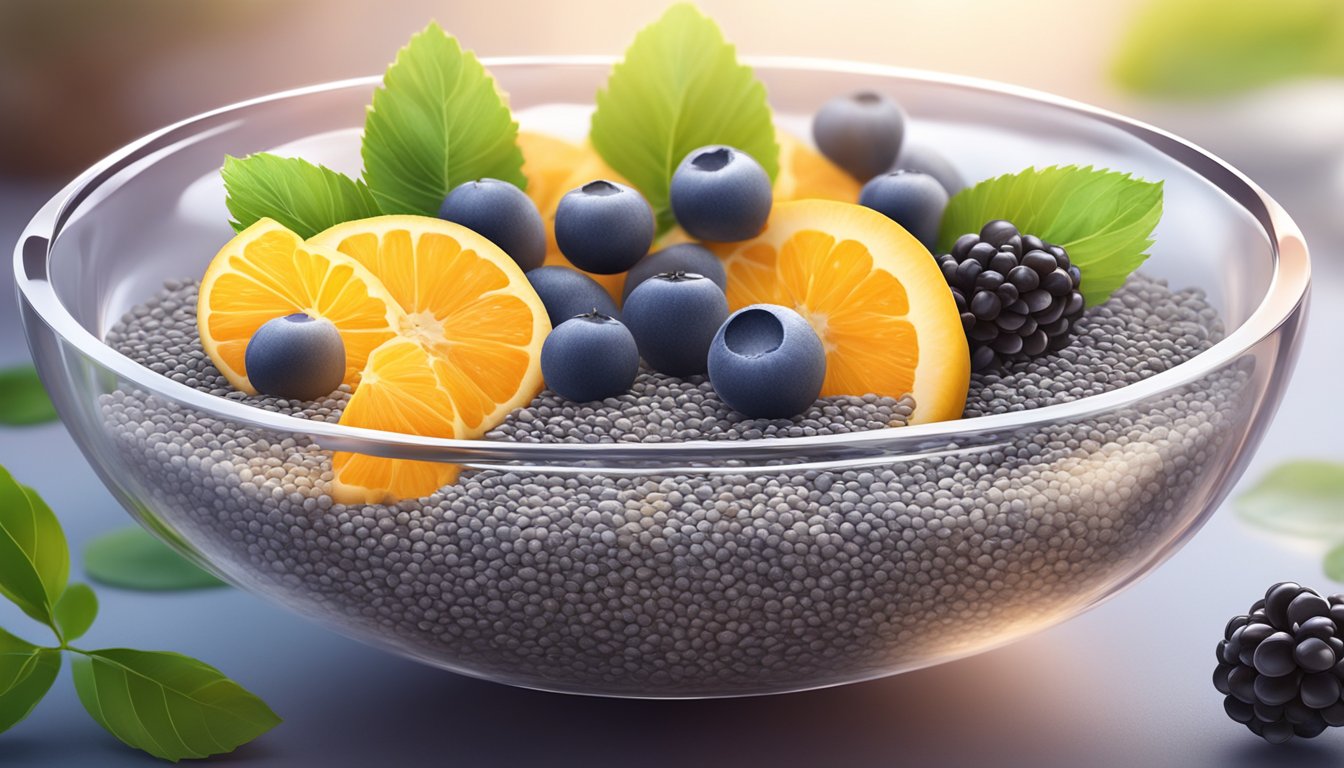 A bowl of chia seeds surrounded by fresh fruits and a glass of water, with a radiant glow emanating from the seeds