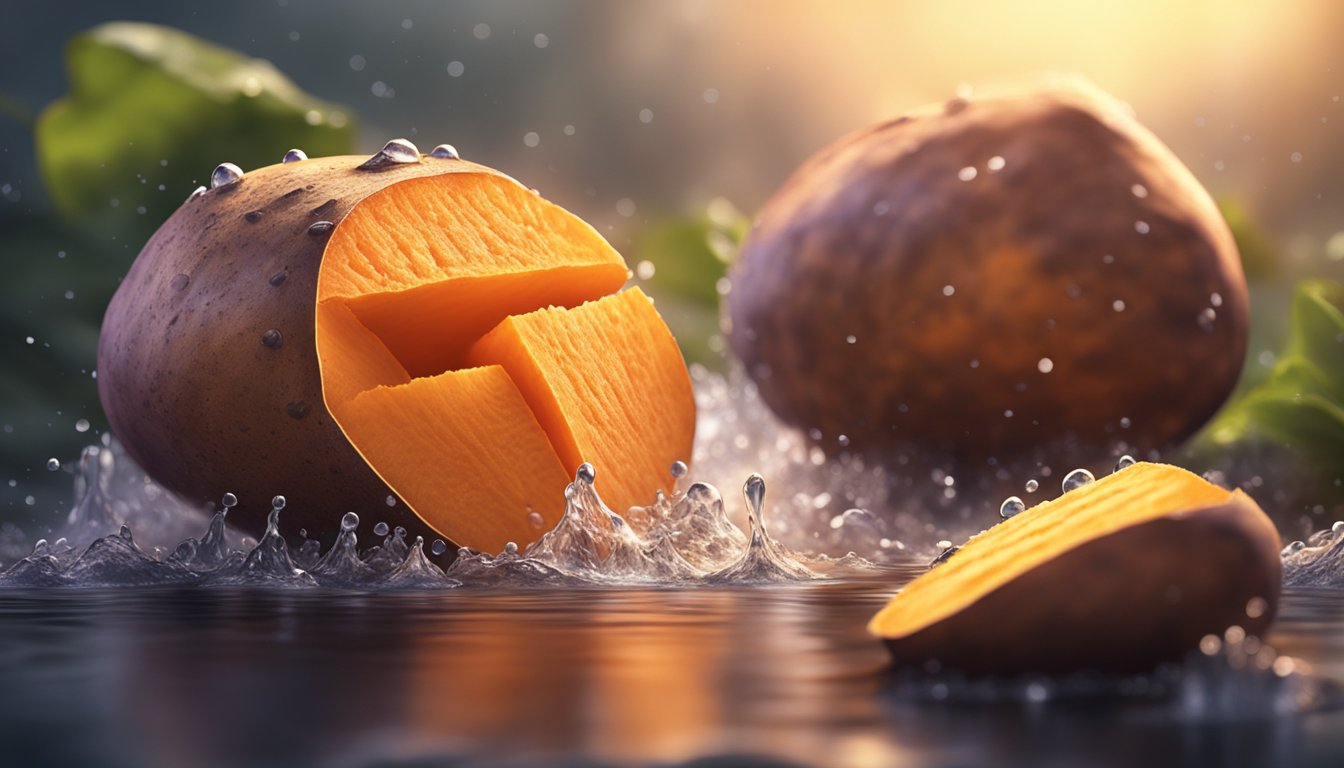 A pile of sweet potatoes surrounded by droplets of water, with a radiant glow emanating from their skin