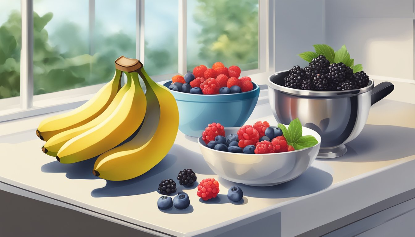 A bunch of ripe bananas sitting on a kitchen counter, surrounded by a glass of water and a bowl of mixed berries