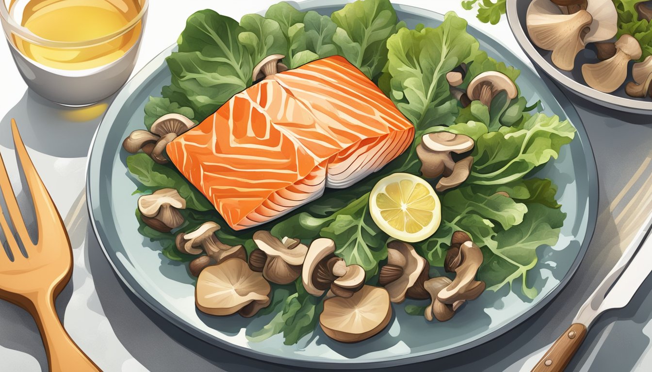 A plate of grilled salmon surrounded by sunlit mushrooms and leafy greens