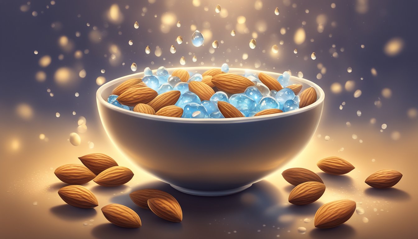 A bowl of almonds surrounded by droplets of water, with a radiant glow emanating from them