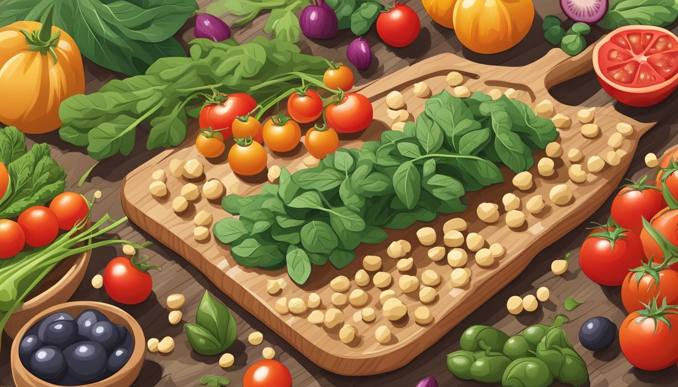 A colorful array of chickpeas, spinach, and tomatoes arranged on a wooden cutting board, surrounded by various fruits and vegetables