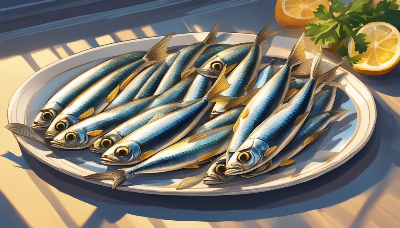 A group of sardines arranged on a plate under the warm glow of sunlight streaming in through a window