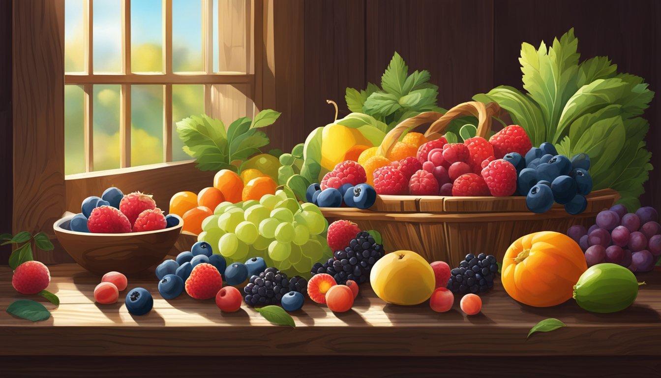 A vibrant assortment of ripe berries surrounded by a variety of fruits and vegetables, all arranged on a rustic wooden table. Sunlight streams in through a nearby window, casting a warm glow over the scene