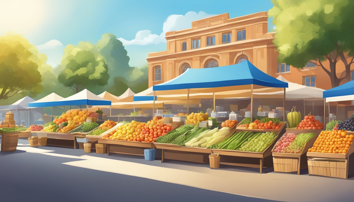 A sunny outdoor market with a variety of colorful fruits, vegetables, and dairy products displayed on tables under a bright blue sky