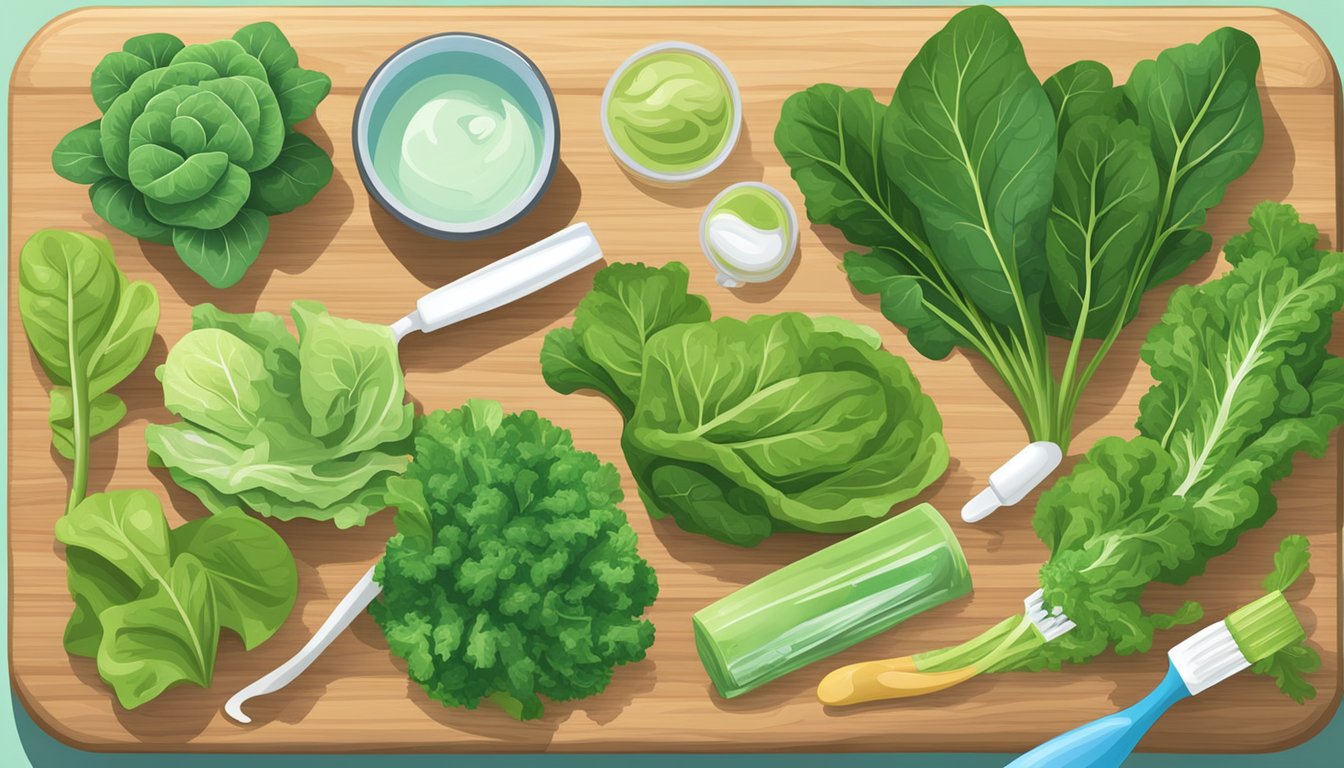 A variety of leafy greens arranged on a wooden cutting board, including spinach, kale, and lettuce, with a toothbrush and tube of toothpaste nearby