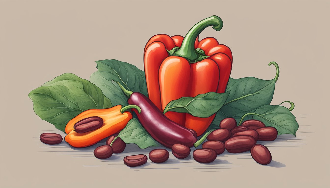 A vibrant red bell pepper surrounded by kidney beans and a healthy kidney, symbolizing support for kidney function