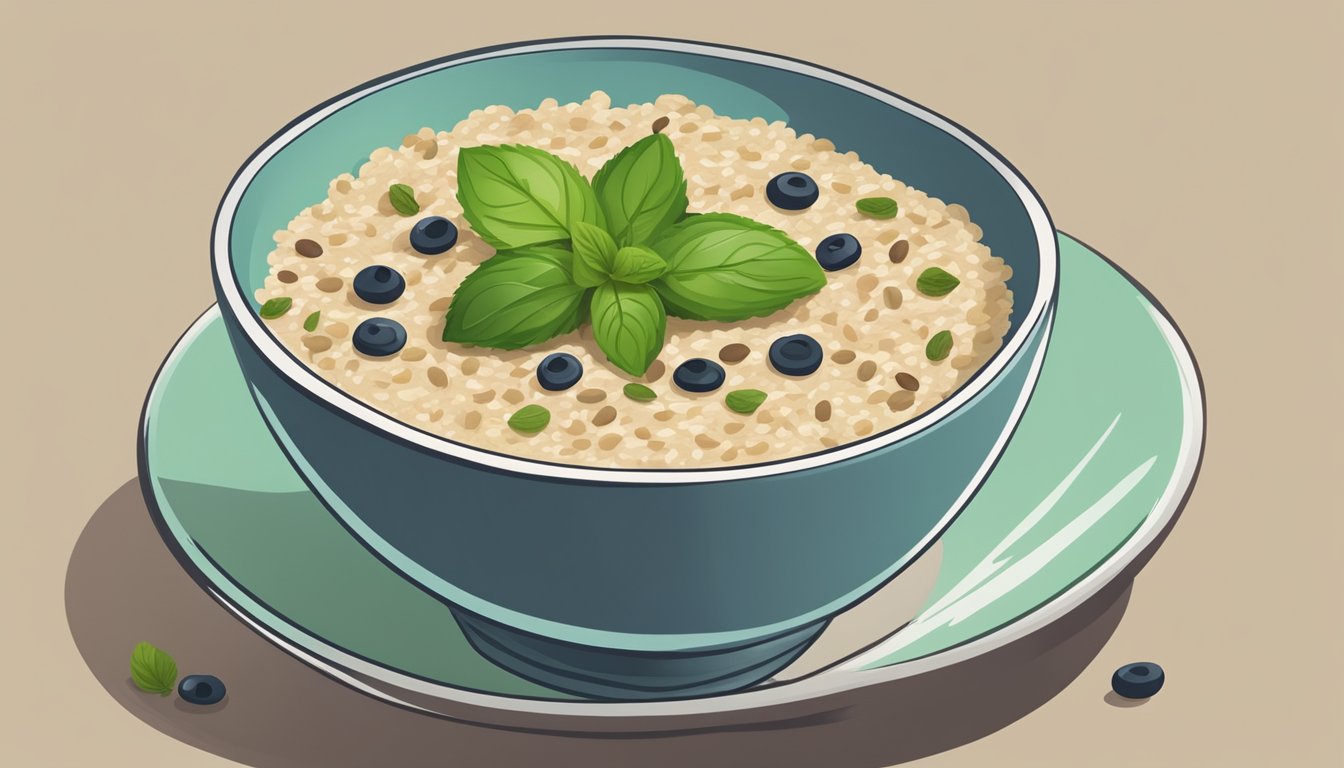 A bowl of oatmeal topped with flaxseed, surrounded by a few scattered flaxseeds and a sprig of fresh mint