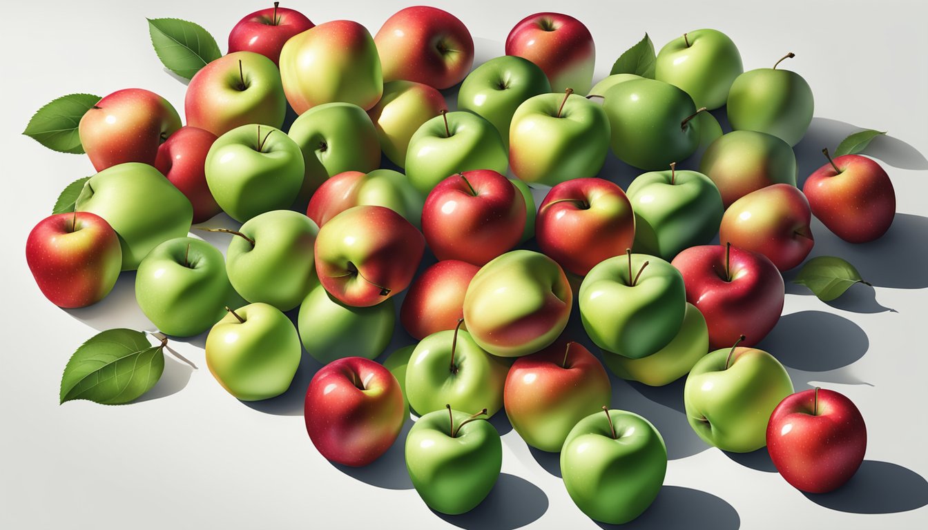 A pile of shiny red and green apples arranged on a clean, white surface, with a few scattered leaves and stems