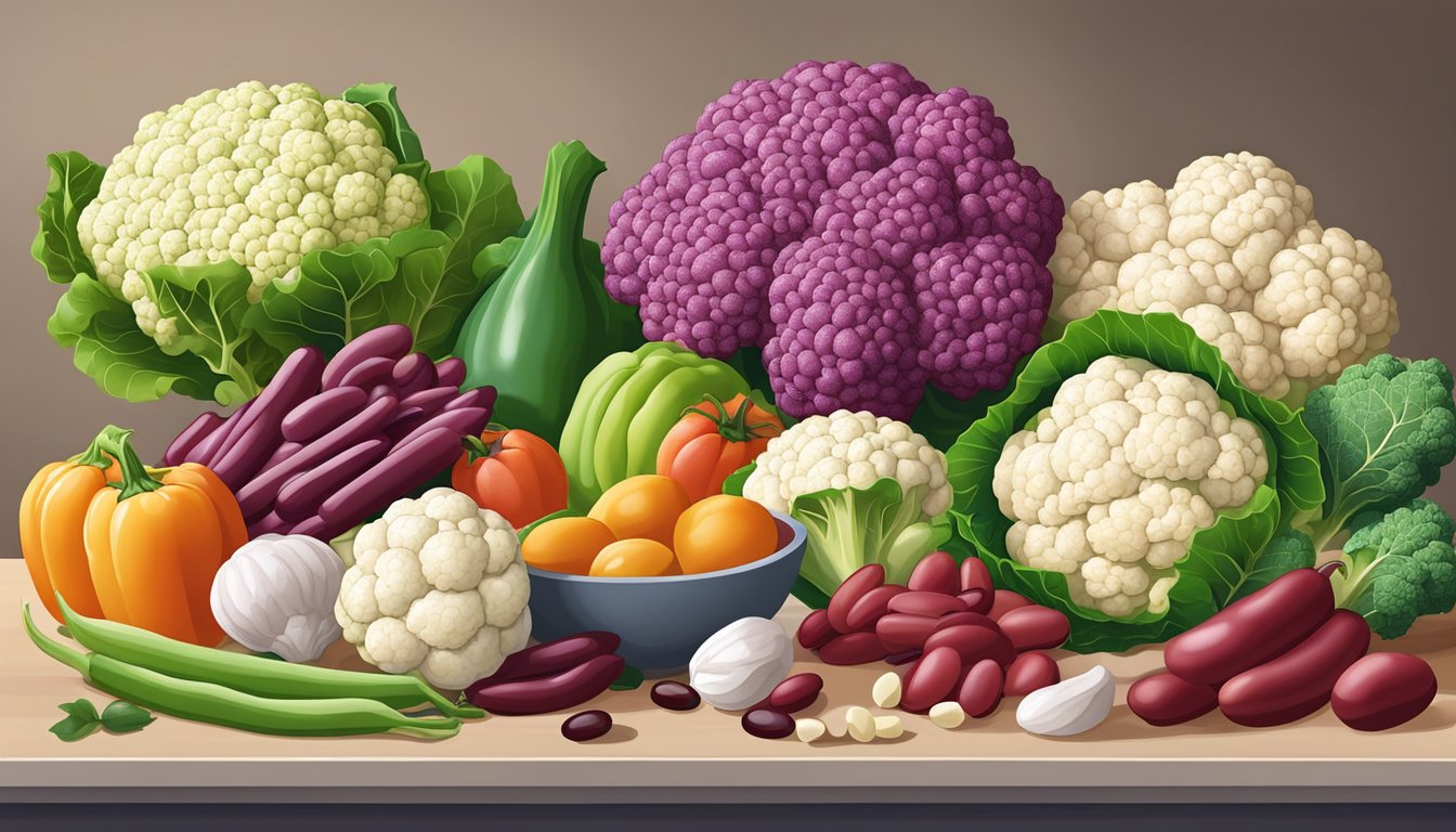 A colorful array of fresh cauliflower, kidney beans, and other kidney-friendly foods displayed on a kitchen counter