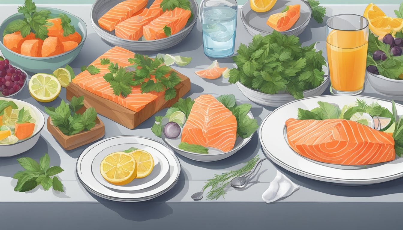 A table with a variety of salmon dishes surrounded by herbs and fruits, with a glass of water and a breastfeeding pillow nearby