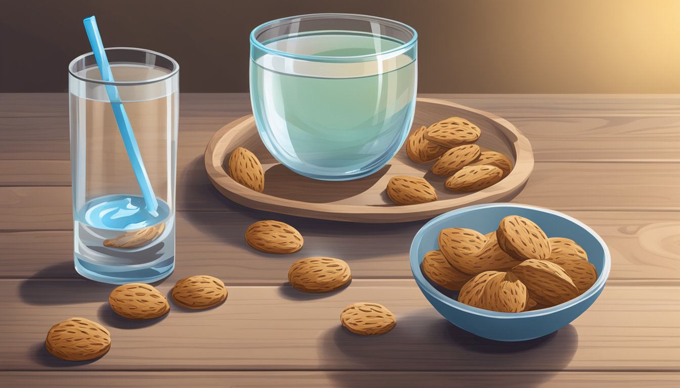 A bowl of almonds surrounded by lactation cookies and a glass of water on a wooden table